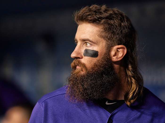 Charlie Blackmon looks away